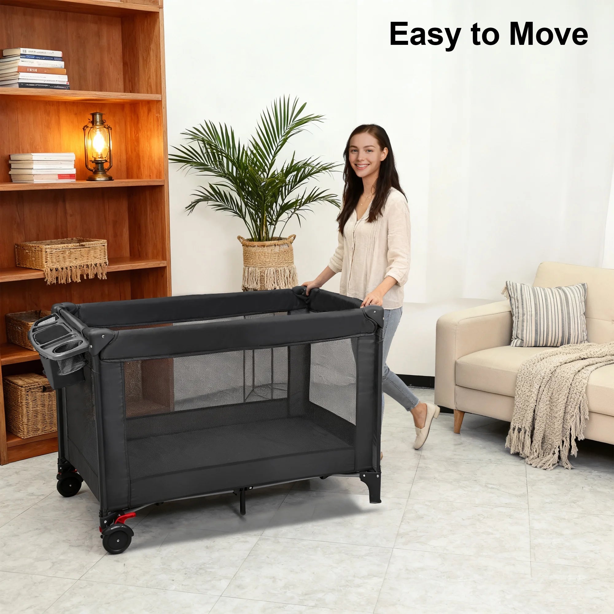 Baby Playards, Foldable Nursery Center Playpen and Toy Mobile, Portable Travel Bassinet, Locking Wheels, Gray