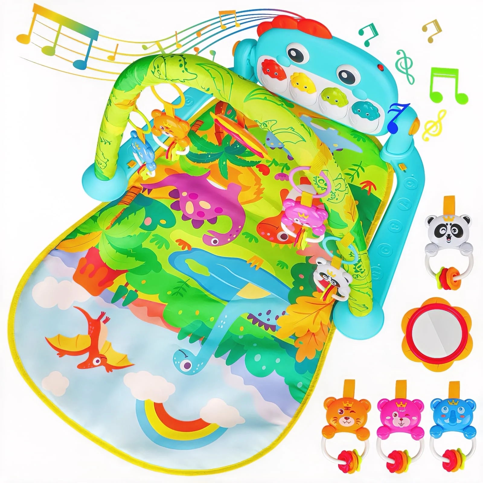 Interactive Baby Tummy Play Mat, Musical Dinosaur Foot Piano with Light, Fun and Educational Gym Mat for Infants 0 3 6 9 12 Months, Christmas Newborn Gift for Baby Boys Girls