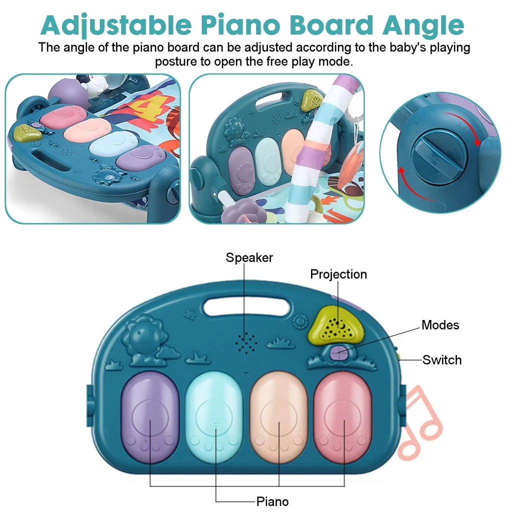 Baby Gym Play Mat 3 in 1 Fitness Rack with Music and Lights Fun Piano Baby Activity Center,Blue