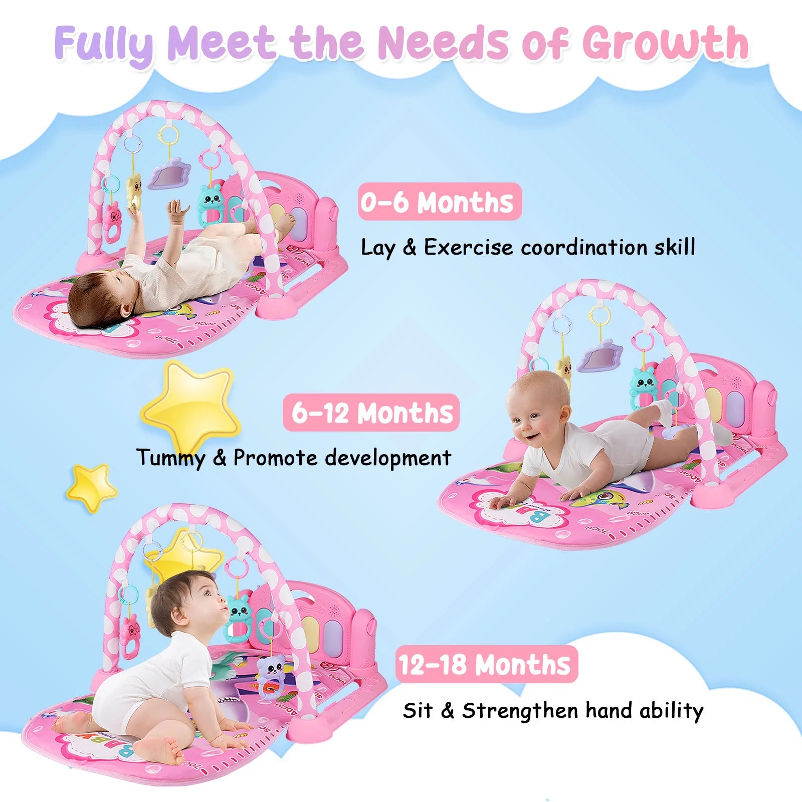 Baby Gym Play Mat 3 in 1 Fitness Music and Lights Fun Piano Activity Mat Infant Newborn Toys(Pink)
