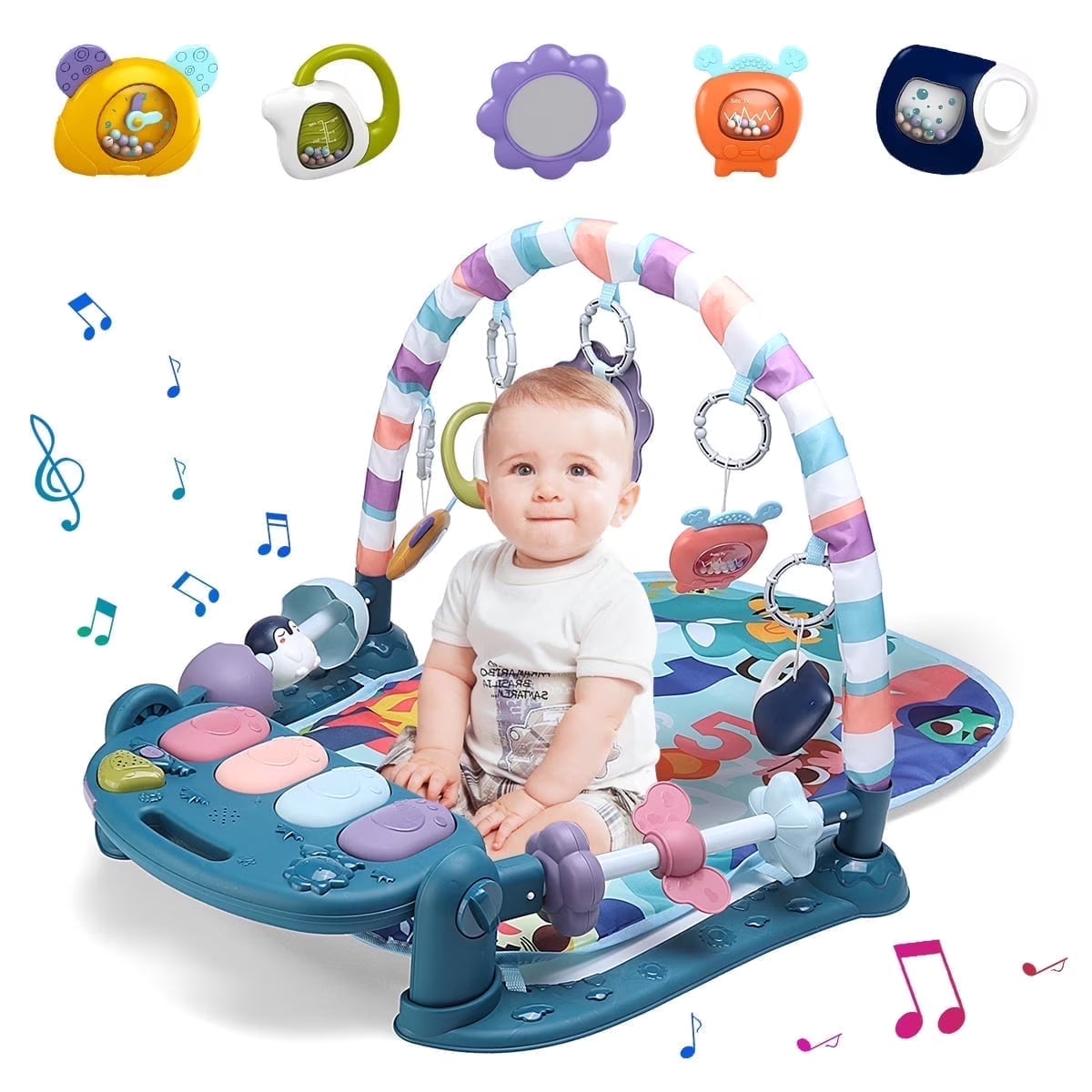 Baby Gym Play Mat,  Musical Fitness Tummy Time Mat, for 0-36 Months Boys Girls, Navy
