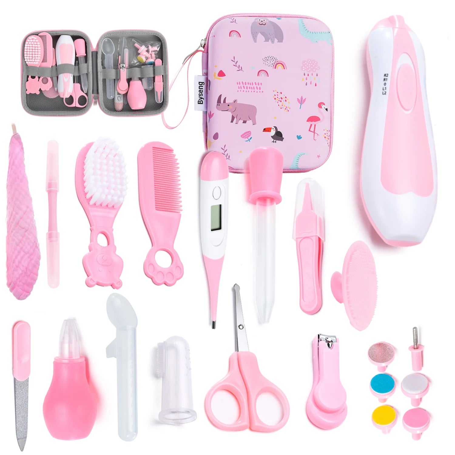 Baby Brush and Comb Grooming Kit, 21 in 1 Safety Newborn Nursery Care Set with Electric Nail Trimmer - Pink