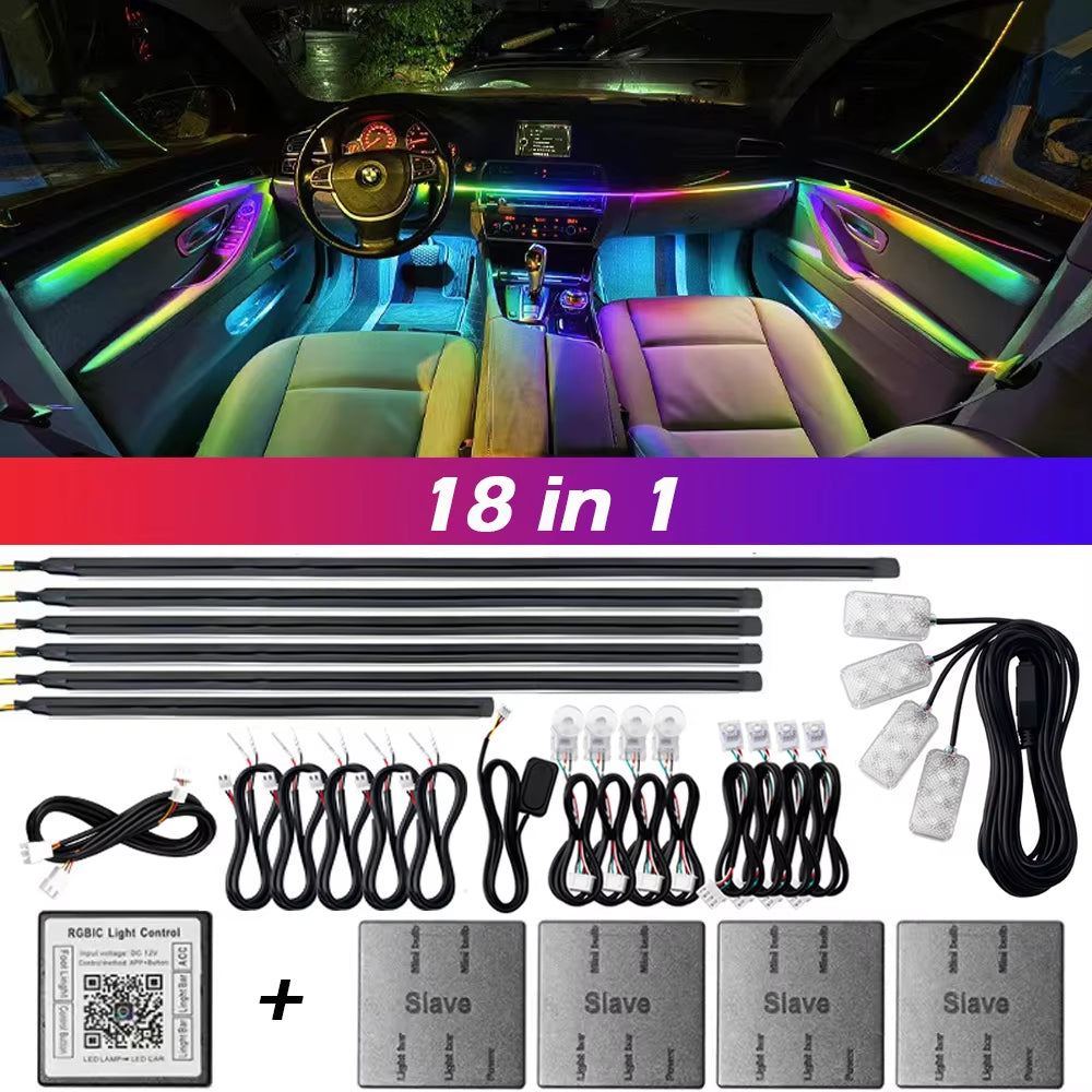 18 in 1 Dual Zone Symphony Streamer Car Ambient Light Interior LED Full Color RGB Neon Acrylic Strip Atmosphere Lighting Kit App