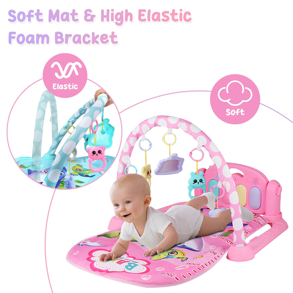 Baby Gym Play Mat 3 in 1 Fitness Music and Lights Fun Piano Activity Mat Infant Newborn Toys(Pink)