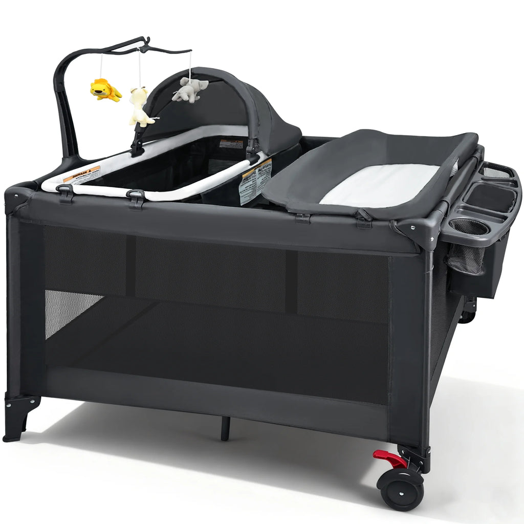 Baby Playards, Foldable Nursery Center Playpen and Toy Mobile, Portable Travel Bassinet, Locking Wheels, Gray