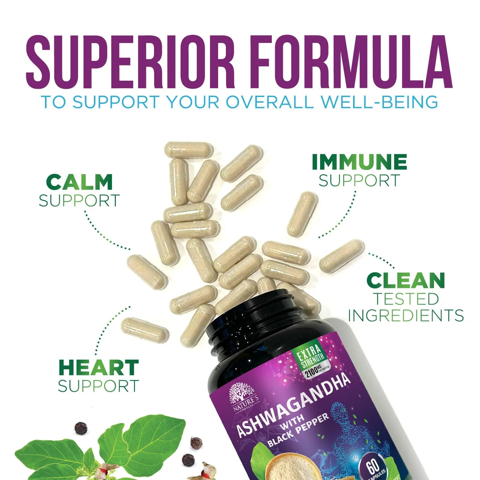 Ashwagandha Supplements 2100Mg - 3X Strength Ashwagandha Powder & Root Extract with Black Pepper for Max Absorption, Antioxidant Supplements for Women & Men, Vegan, Bottled in USA - 60 Capsules