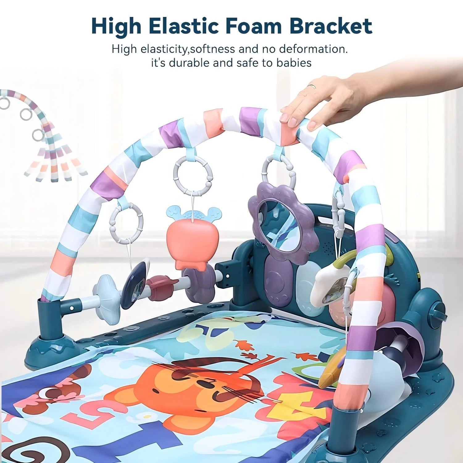 Baby Gym Play Mat 3 in 1 Fitness Rack with Music and Lights Fun Piano Baby Activity Center,Blue