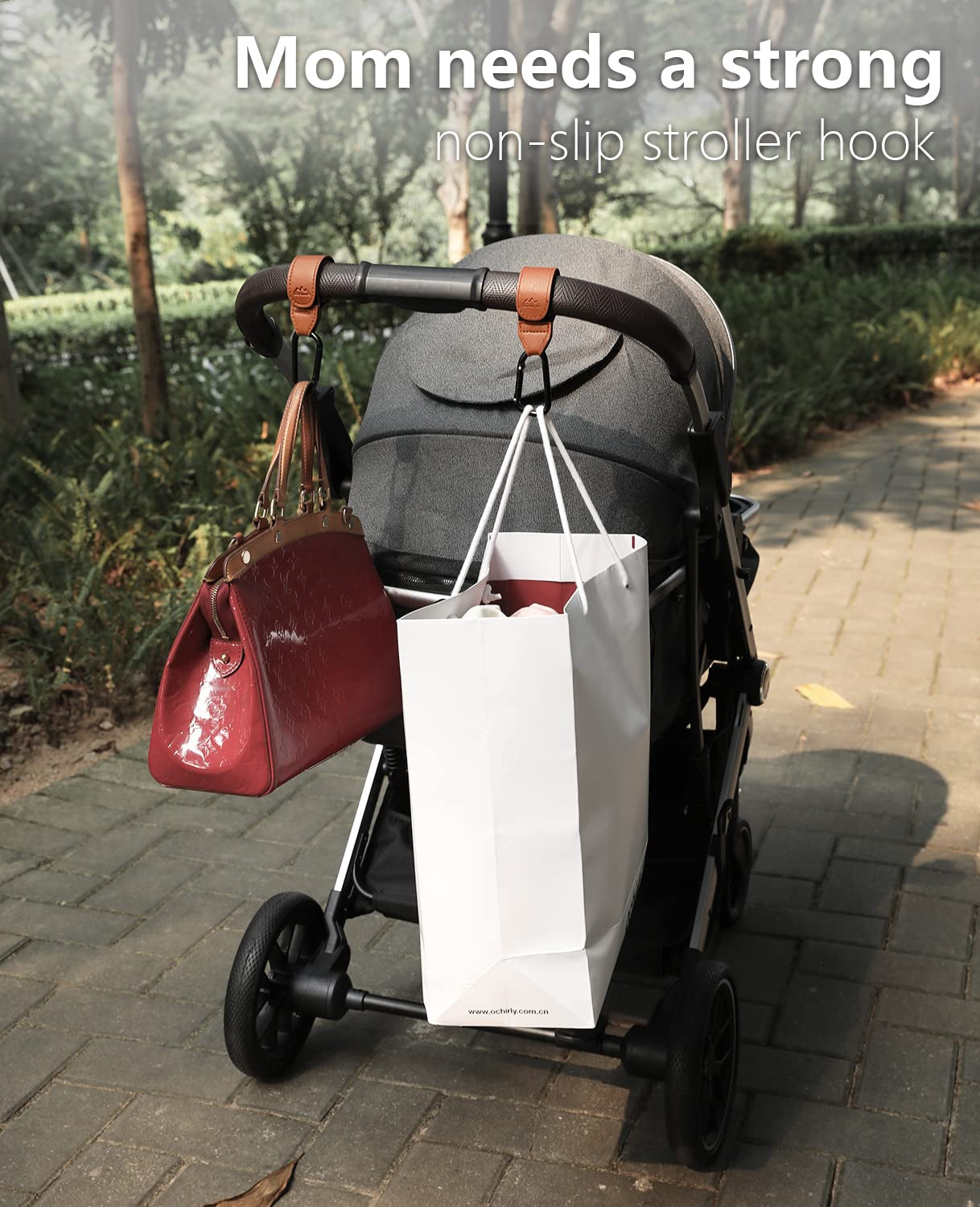 Stroller Hooks Bag Hooks for Hanging Diaper Bags Multipurpose Hooks for Grocery Shopping ​Bags Premium Vegan Leather Pram Straps Baby Stroller Hooks 2Pcs (Brown)