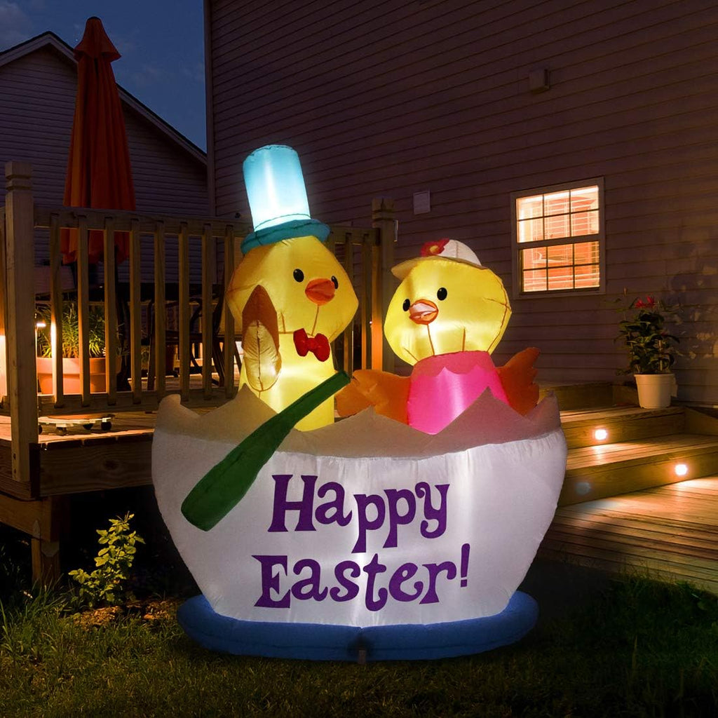 4.92FT Easter Decorations Easter Inflatable Decorations Two Chickens Riding Boat Inflatable LED Light Outdoor Indoor Easter Holiday Decorations