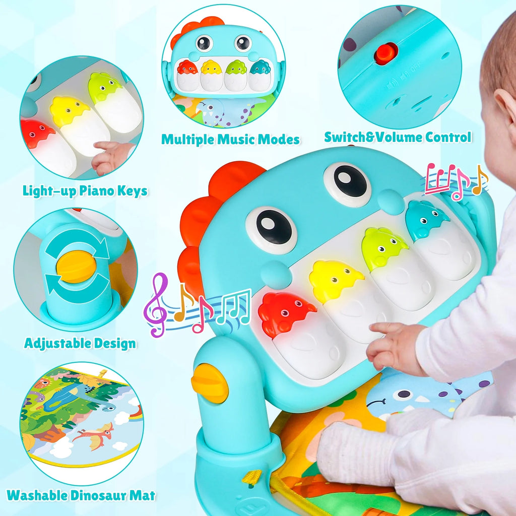 Interactive Baby Tummy Play Mat, Musical Dinosaur Foot Piano with Light, Fun and Educational Gym Mat for Infants 0 3 6 9 12 Months, Christmas Newborn Gift for Baby Boys Girls
