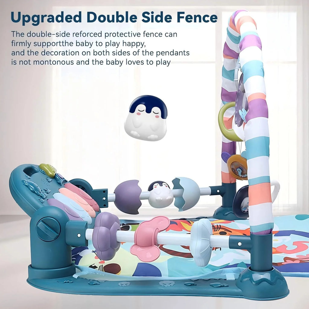 Baby Gym Play Mat 3 in 1 Fitness Rack with Music and Lights Fun Piano Baby Activity Center,Blue