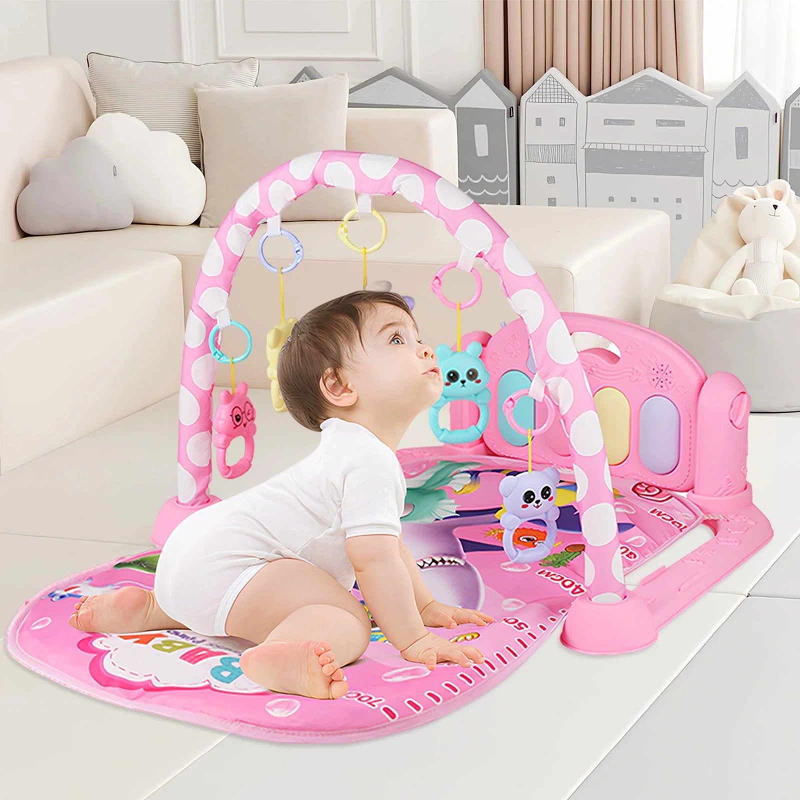 Baby Gym Play Mat 3 in 1 Fitness Music and Lights Fun Piano Activity Mat Infant Newborn Toys(Pink)