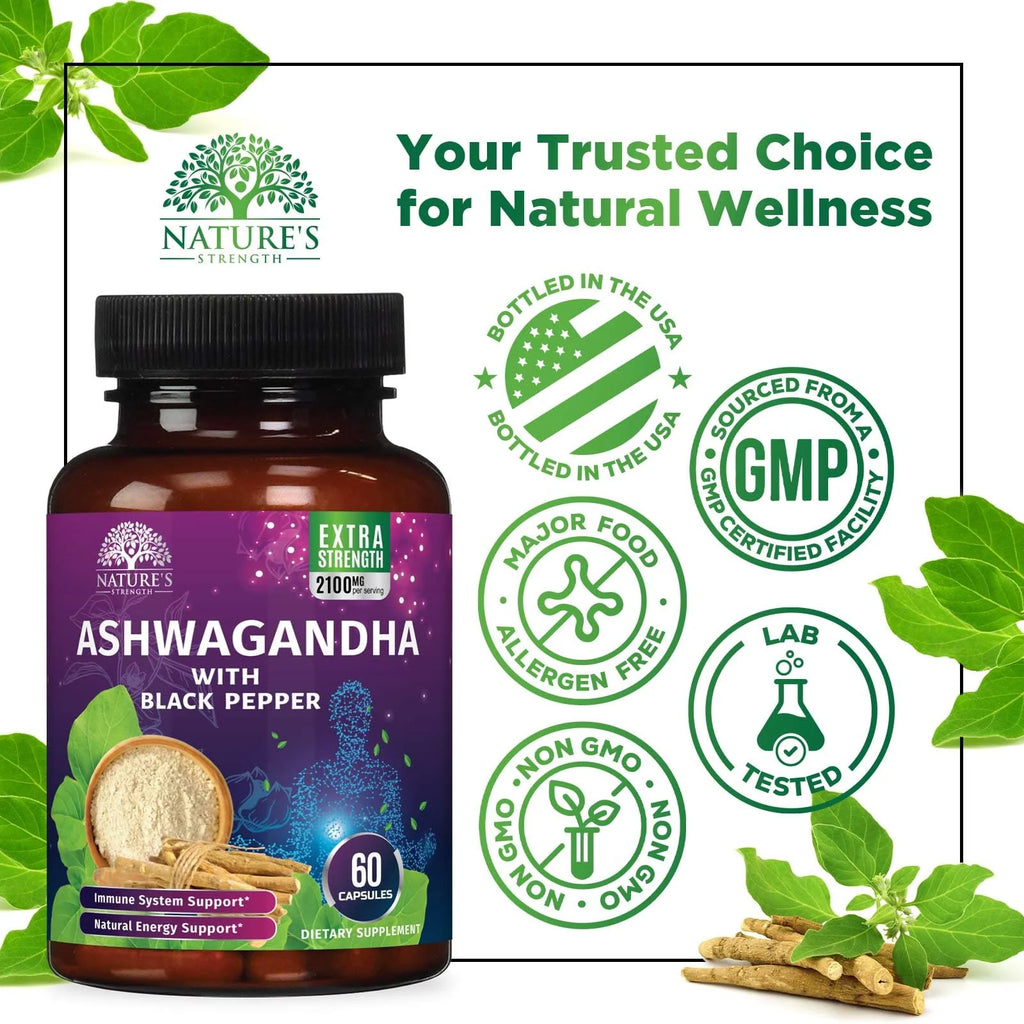 Ashwagandha Supplements 2100Mg - 3X Strength Ashwagandha Powder & Root Extract with Black Pepper for Max Absorption, Antioxidant Supplements for Women & Men, Vegan, Bottled in USA - 60 Capsules