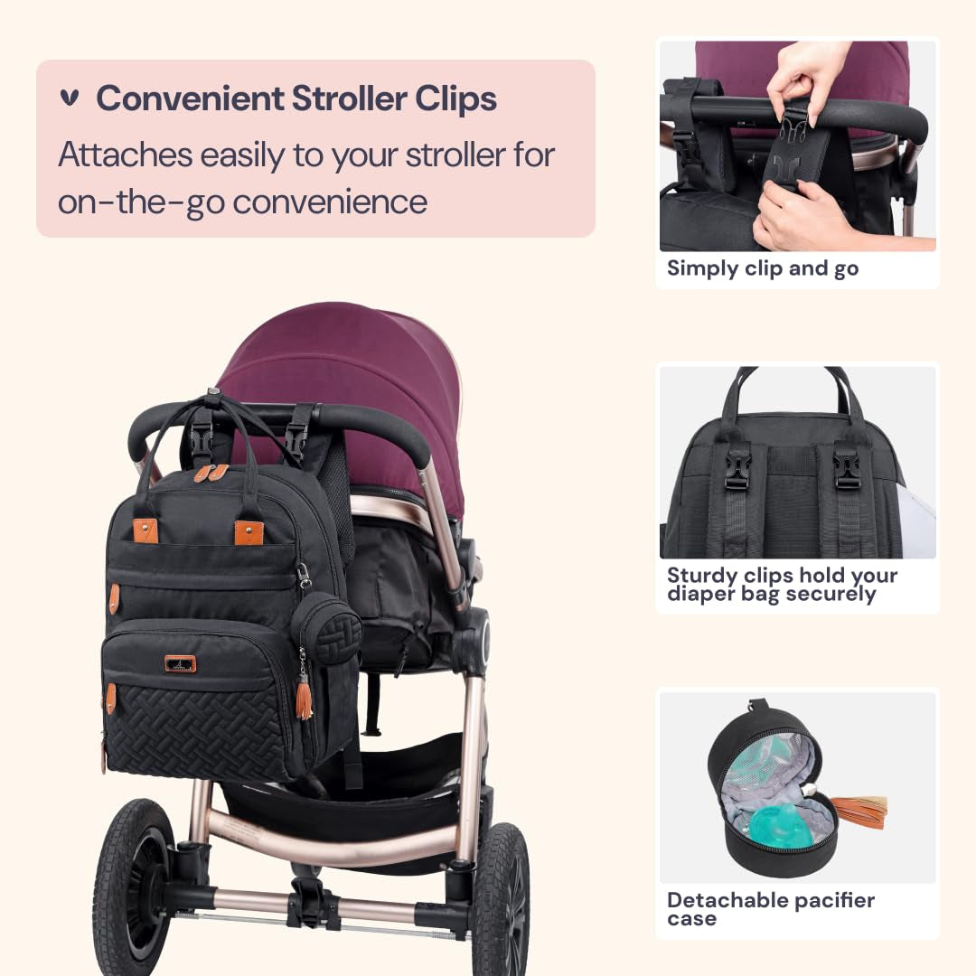 Diaper Bag Backpack - Baby Essentials Travel Tote - Multi Function Water Resistant Diaper Bag, Travel Essentials Baby Bag with Changing Pad, Stroller Straps & Pacifier Case - Unisex, Black