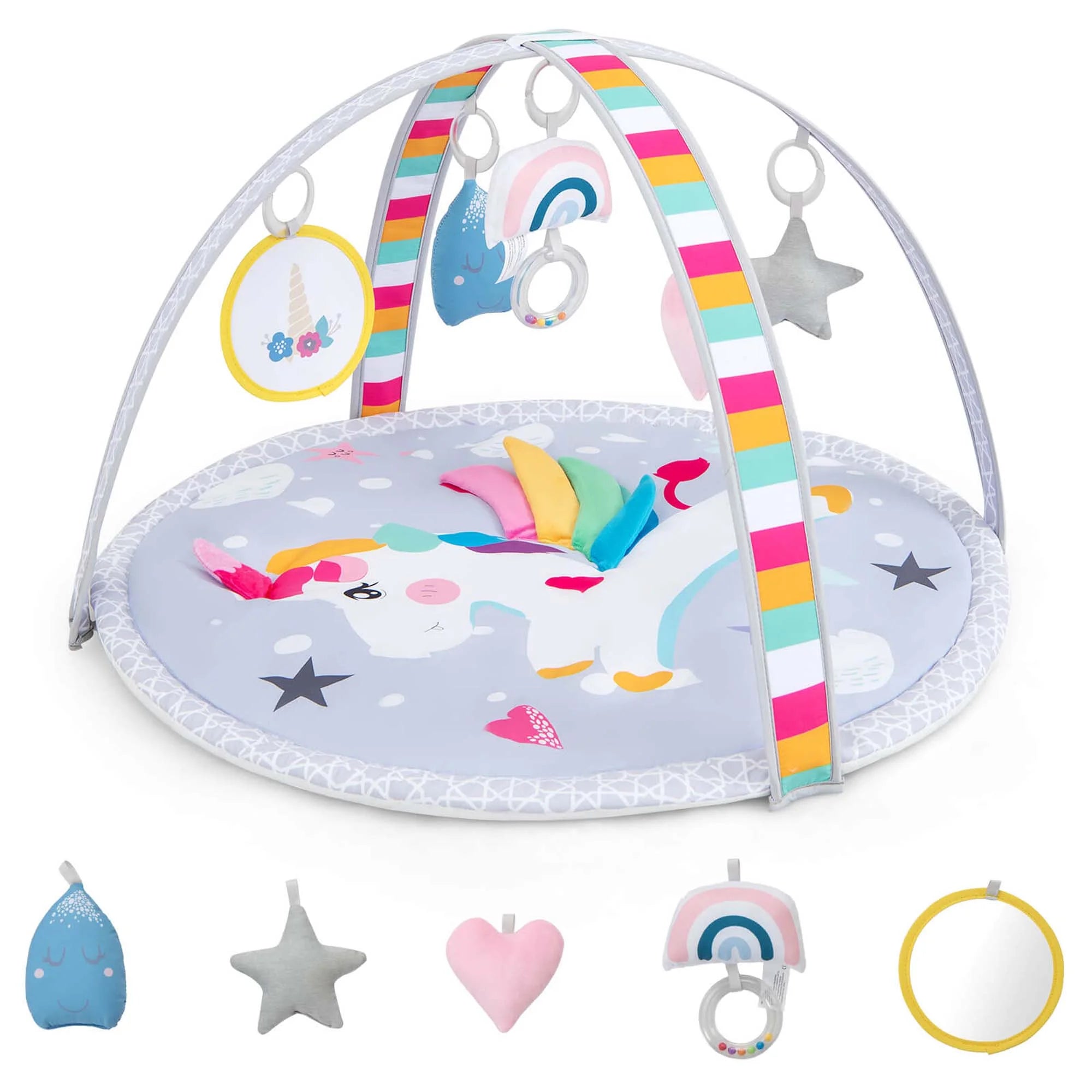 Baby Play Gym Mat Thicker Tummy Time Mat with 5 Detachable Hanging