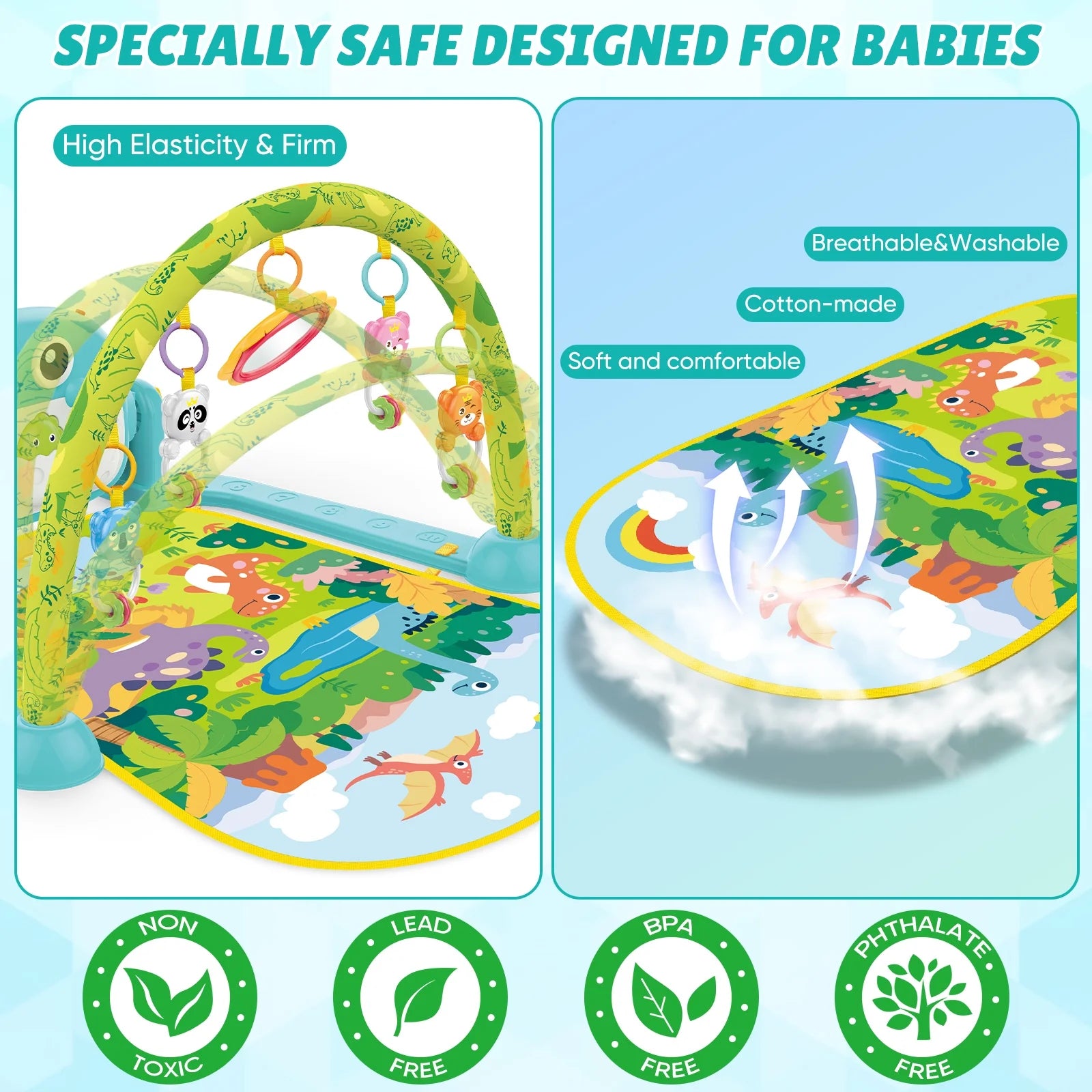 Interactive Baby Tummy Play Mat, Musical Dinosaur Foot Piano with Light, Fun and Educational Gym Mat for Infants 0 3 6 9 12 Months, Christmas Newborn Gift for Baby Boys Girls