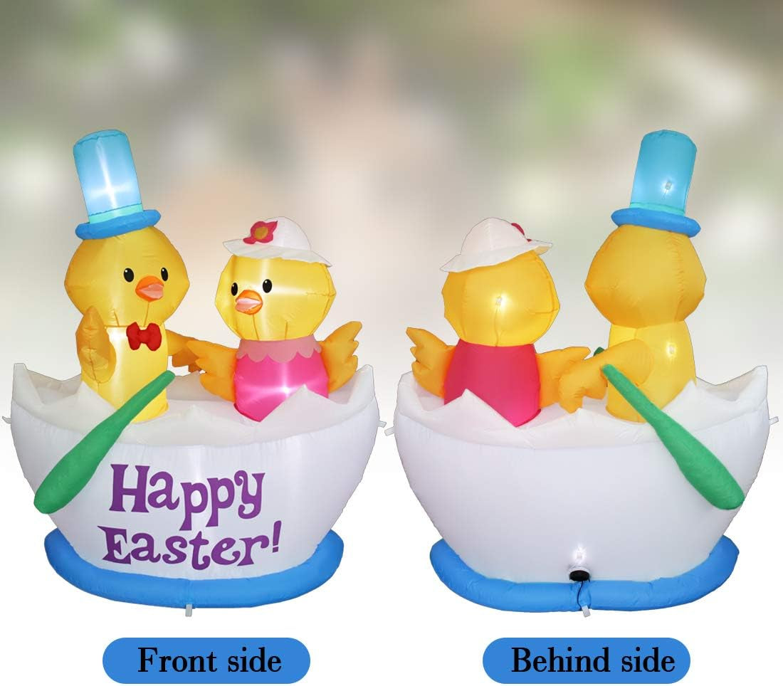 4.92FT Easter Decorations Easter Inflatable Decorations Two Chickens Riding Boat Inflatable LED Light Outdoor Indoor Easter Holiday Decorations