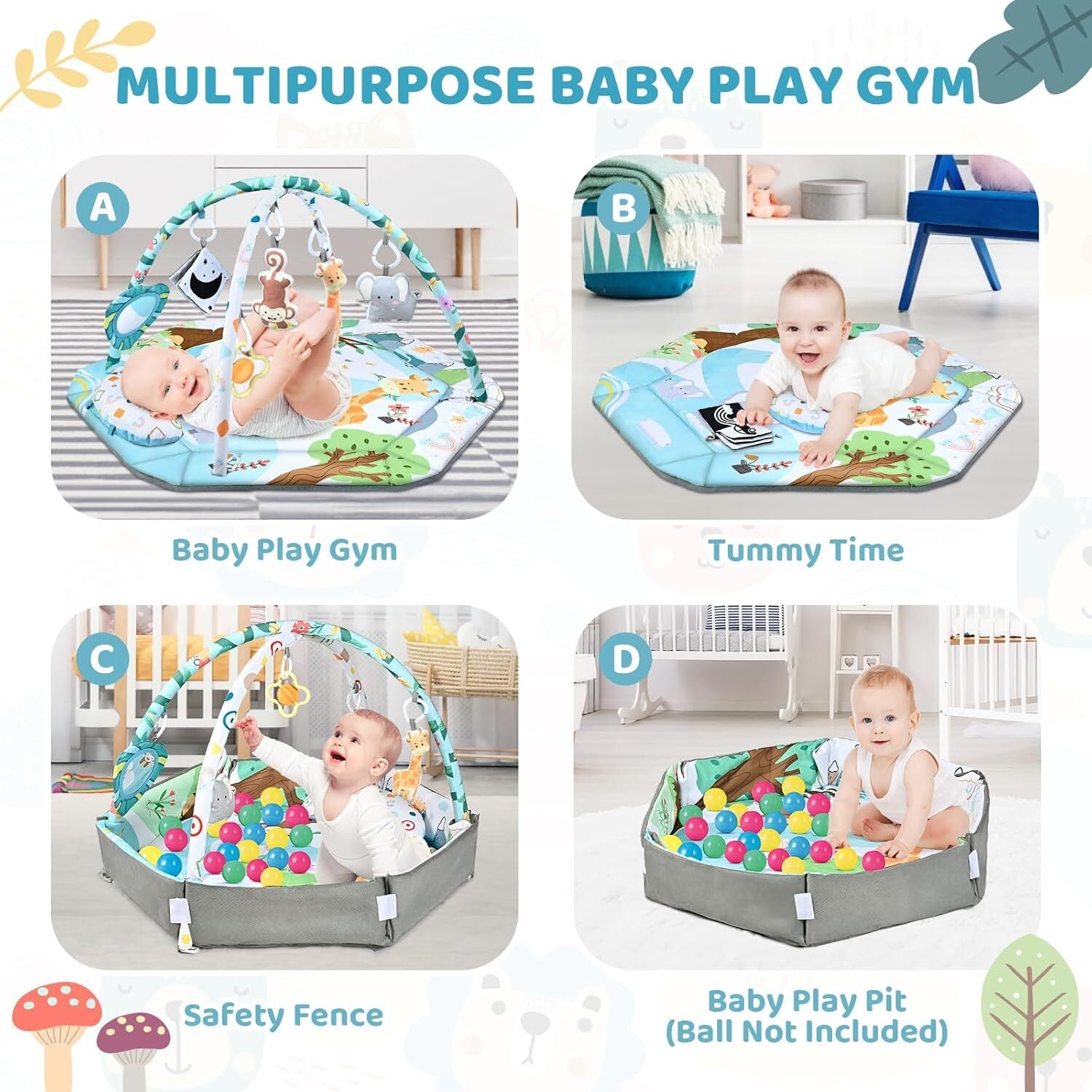 Baby Gym Play Mat, 8-In-1 Tummy Time Mat & Ball Pit with 6 Toys, Washable Baby
