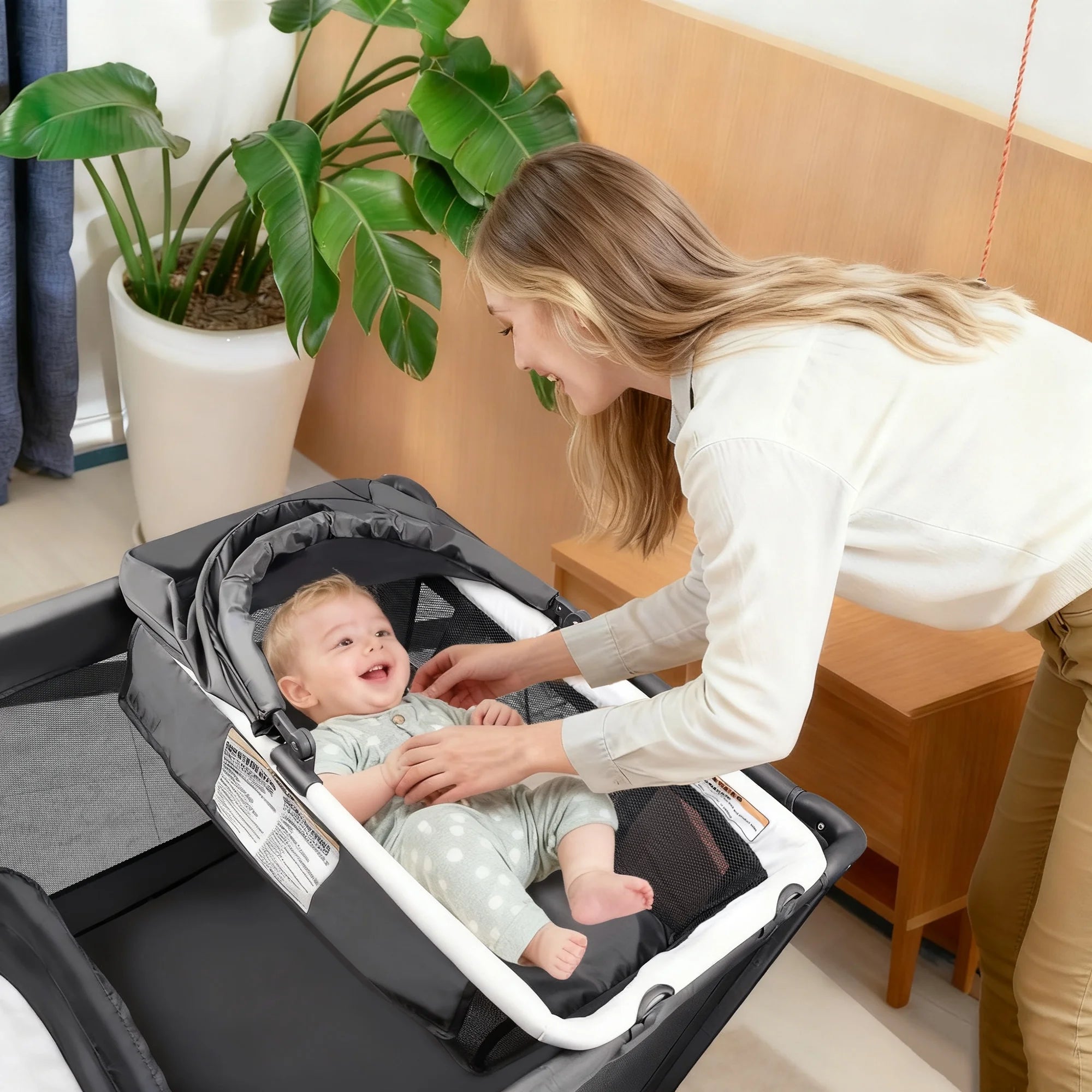 Baby Playards, Foldable Nursery Center Playpen and Toy Mobile, Portable Travel Bassinet, Locking Wheels, Gray