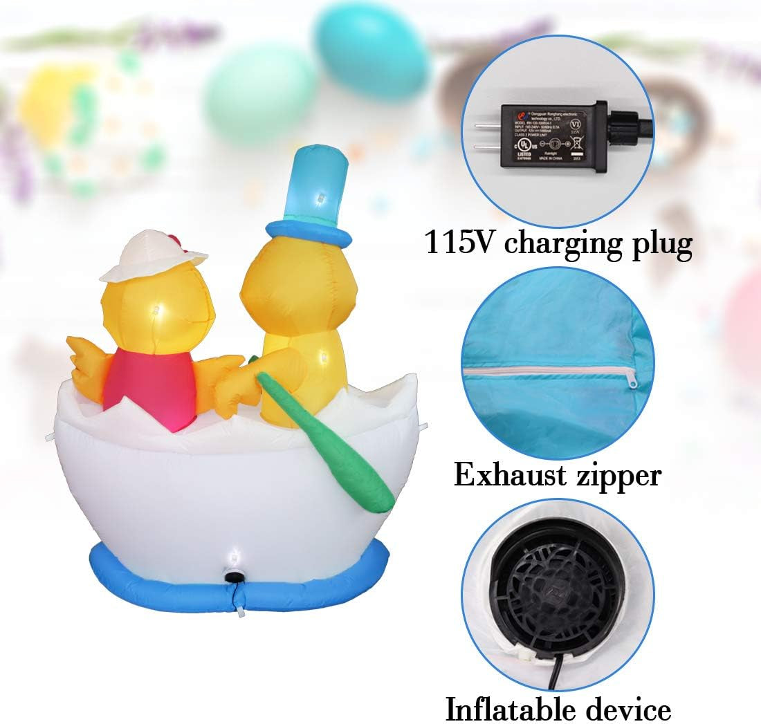 4.92FT Easter Decorations Easter Inflatable Decorations Two Chickens Riding Boat Inflatable LED Light Outdoor Indoor Easter Holiday Decorations