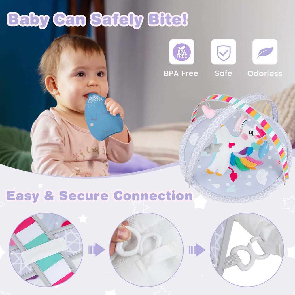 Baby Play Gym Mat Thicker Tummy Time Mat with 5 Detachable Hanging