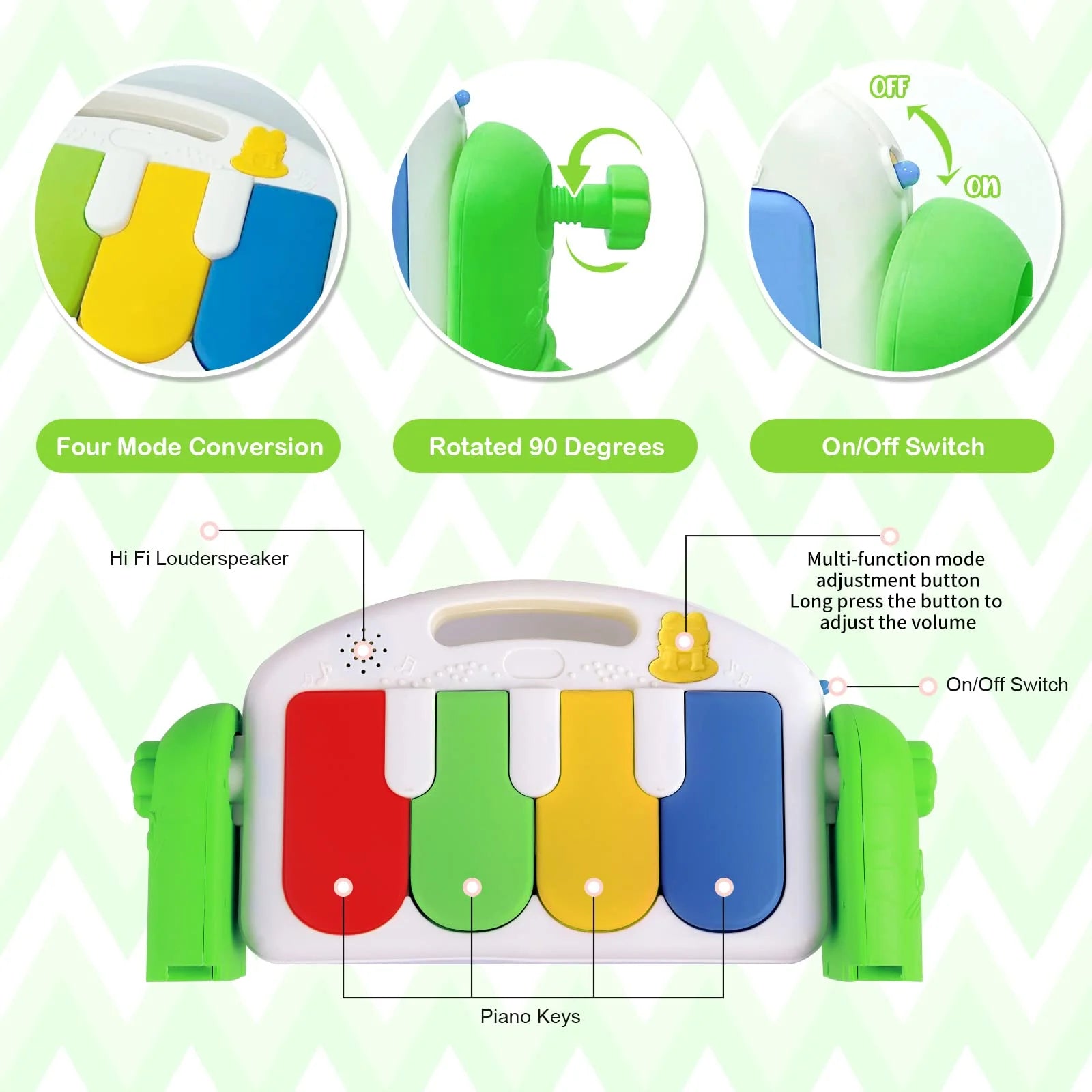 Baby Play Mat, 3 in 1 Baby Activity Play Mat Infant Play Gym Kids Musical Play Crawling Mat, Green