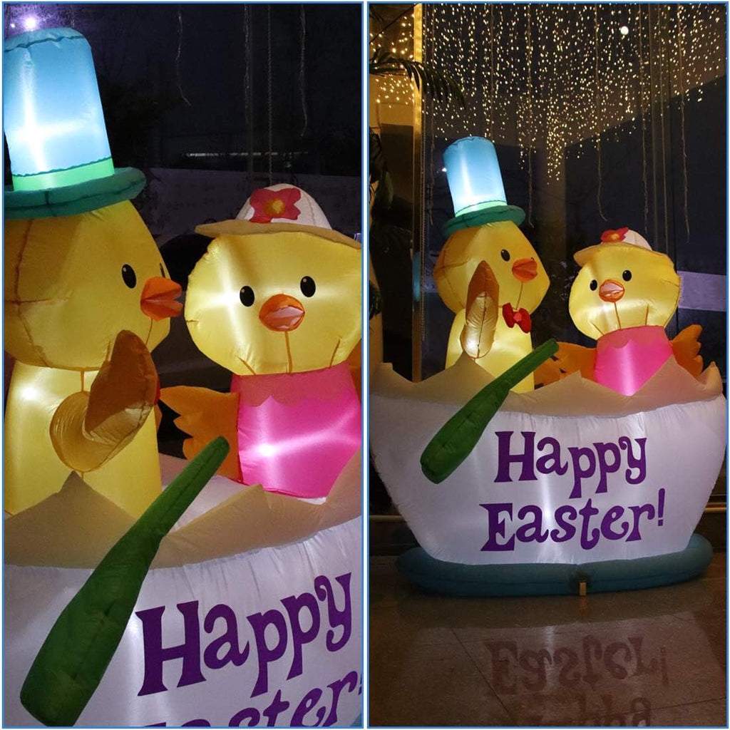 4.92FT Easter Decorations Easter Inflatable Decorations Two Chickens Riding Boat Inflatable LED Light Outdoor Indoor Easter Holiday Decorations