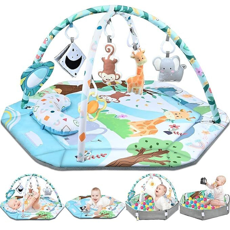 Baby Gym Play Mat, 8-In-1 Tummy Time Mat & Ball Pit with 6 Toys, Washable Baby