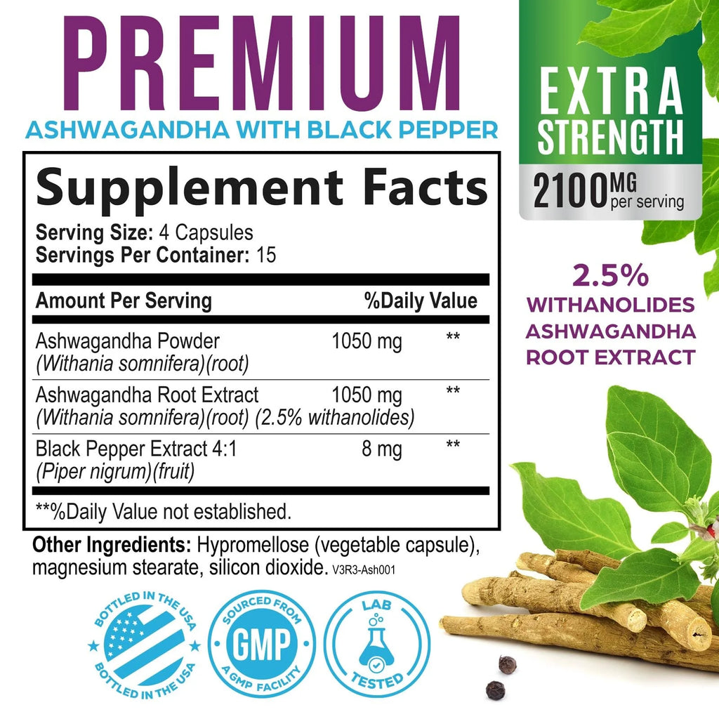 Ashwagandha Supplements 2100Mg - 3X Strength Ashwagandha Powder & Root Extract with Black Pepper for Max Absorption, Antioxidant Supplements for Women & Men, Vegan, Bottled in USA - 60 Capsules