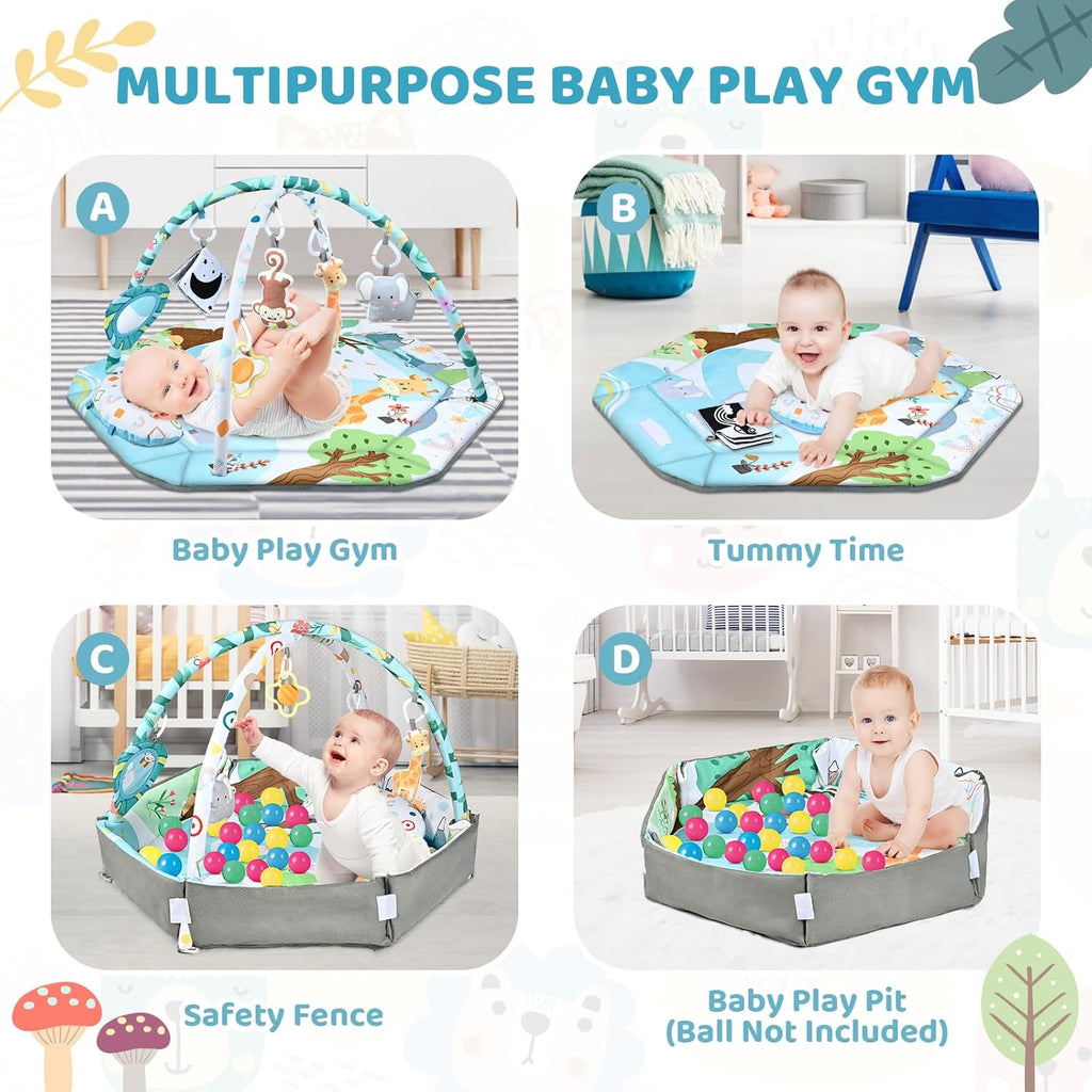 Baby Gym Play Mat, 8-In-1 Tummy Time Mat & Ball Pit with 6 Toys, Washable Baby A