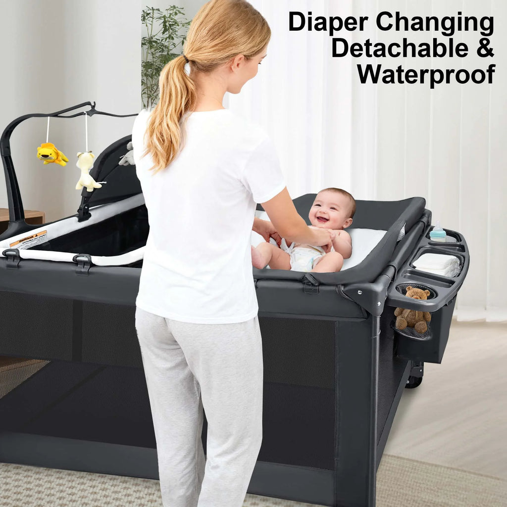 Baby Playards, Foldable Nursery Center Playpen and Toy Mobile, Portable Travel Bassinet, Locking Wheels, Gray