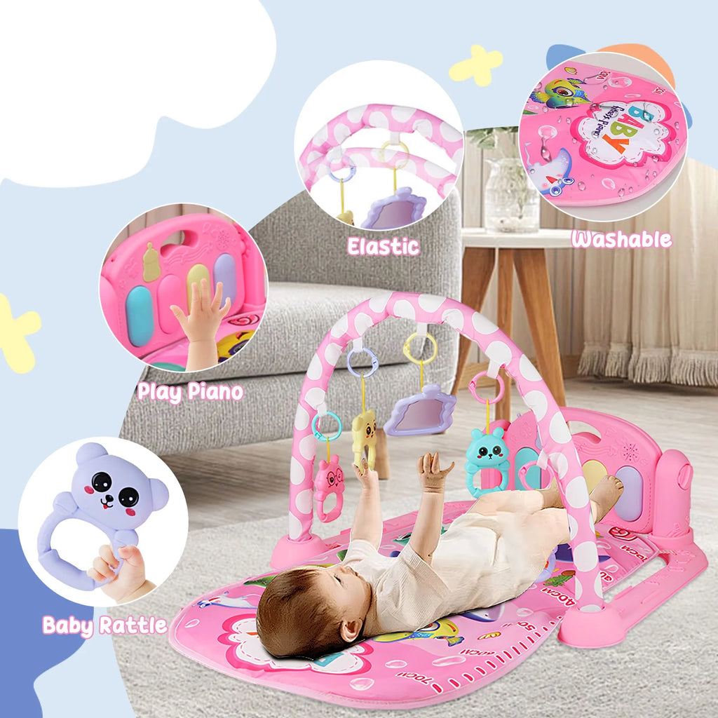 Baby Gym Play Mat 3 in 1 Fitness Music and Lights Fun Piano Activity Mat Infant Newborn Toys(Pink)