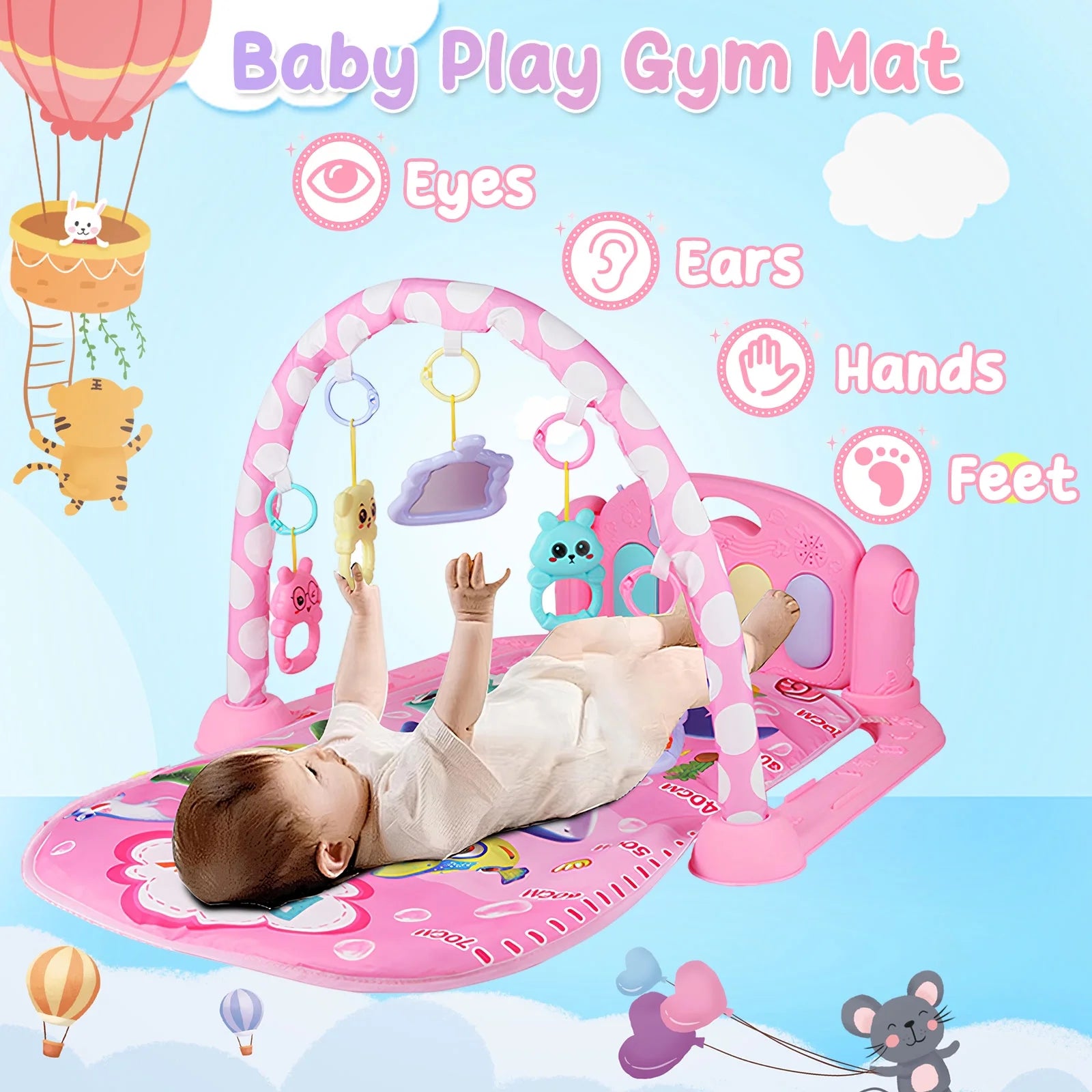 Baby Gym Play Mat 3 in 1 Fitness Music and Lights Fun Piano Activity Mat Infant Newborn Toys(Pink)