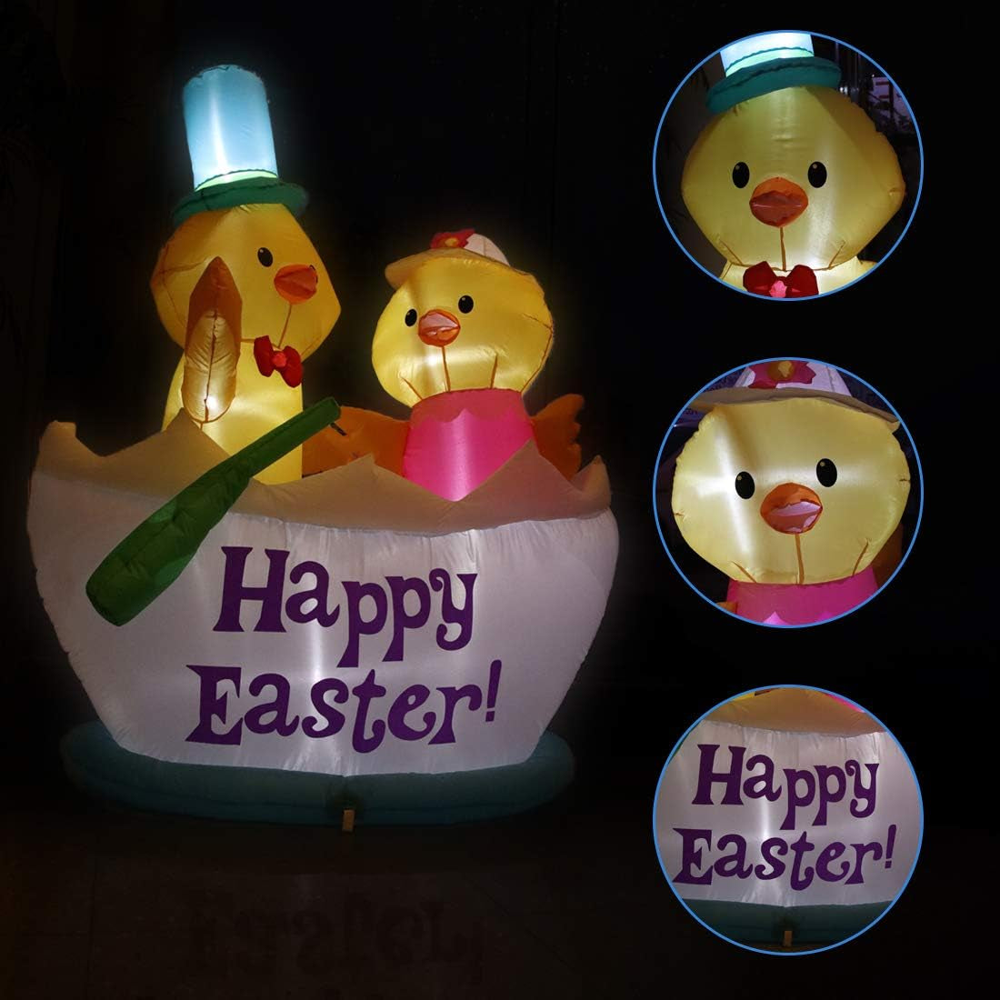 4.92FT Easter Decorations Easter Inflatable Decorations Two Chickens Riding Boat Inflatable LED Light Outdoor Indoor Easter Holiday Decorations