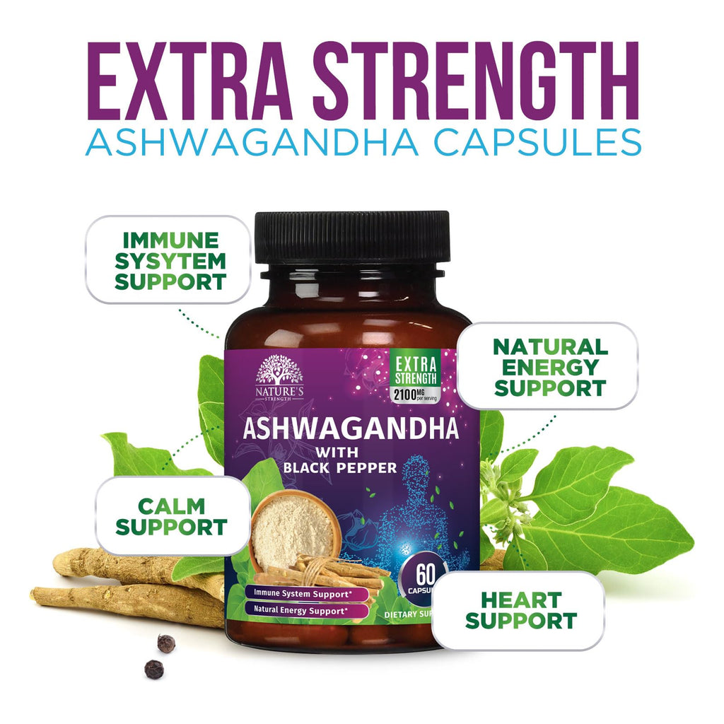 Ashwagandha Supplements 2100Mg - 3X Strength Ashwagandha Powder & Root Extract with Black Pepper for Max Absorption, Antioxidant Supplements for Women & Men, Vegan, Bottled in USA - 60 Capsules