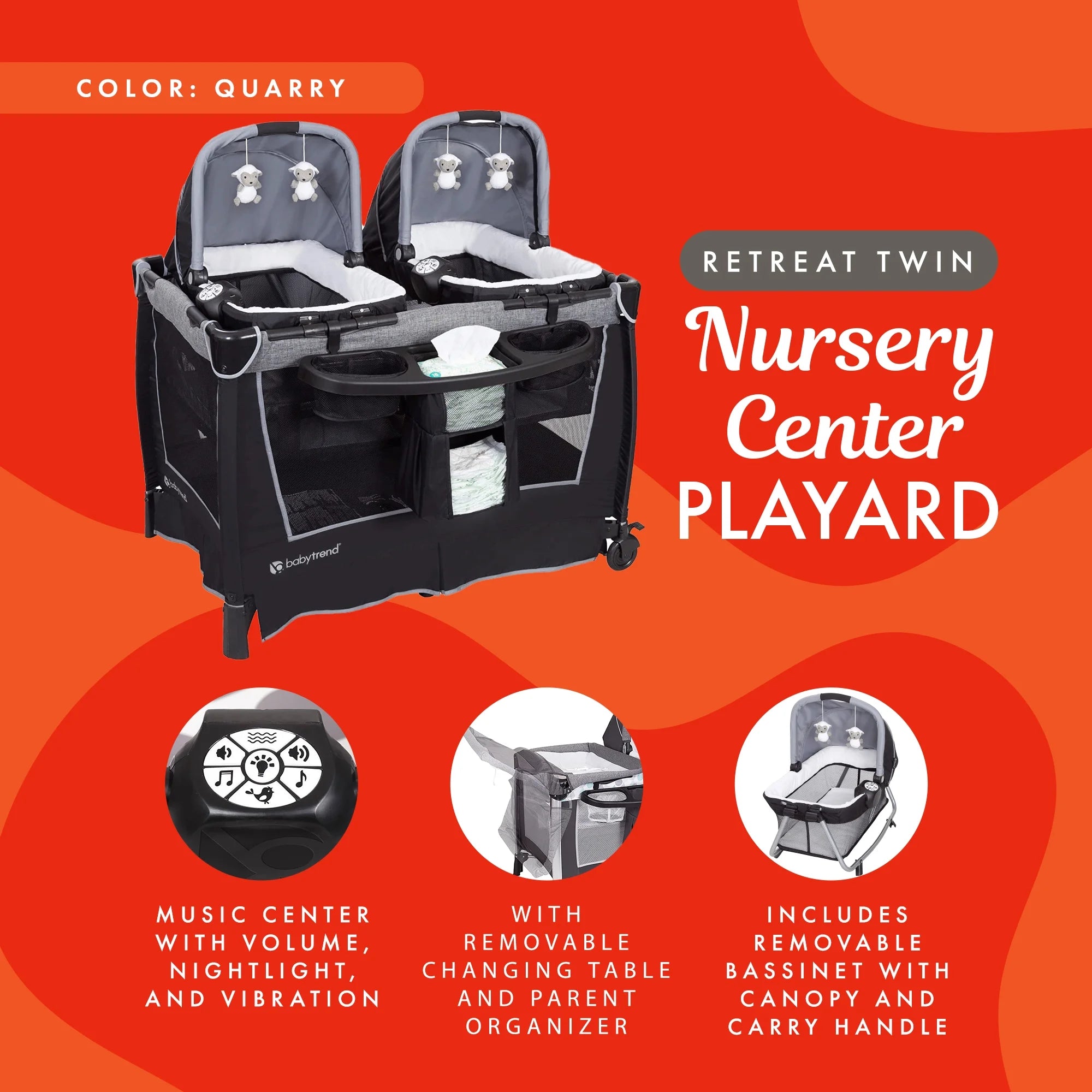 Retreat Twins Nursery Center, Quarry - Twin Playard with 2 Bassinets, Changing Table, and Music Center
