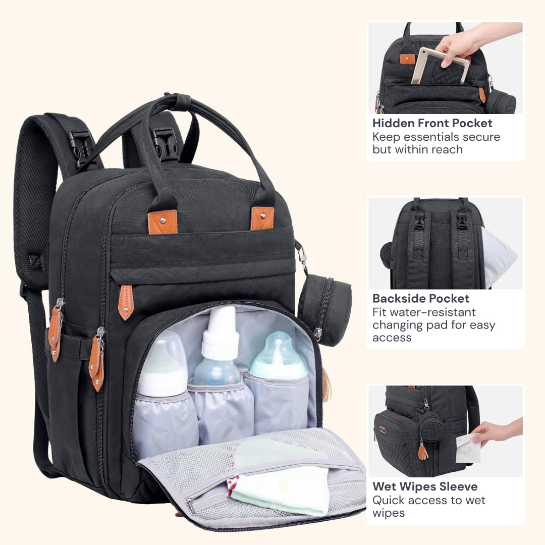 Diaper Bag Backpack - Baby Essentials Travel Tote - Multi Function Water Resistant Diaper Bag, Travel Essentials Baby Bag with Changing Pad, Stroller Straps & Pacifier Case - Unisex, Black