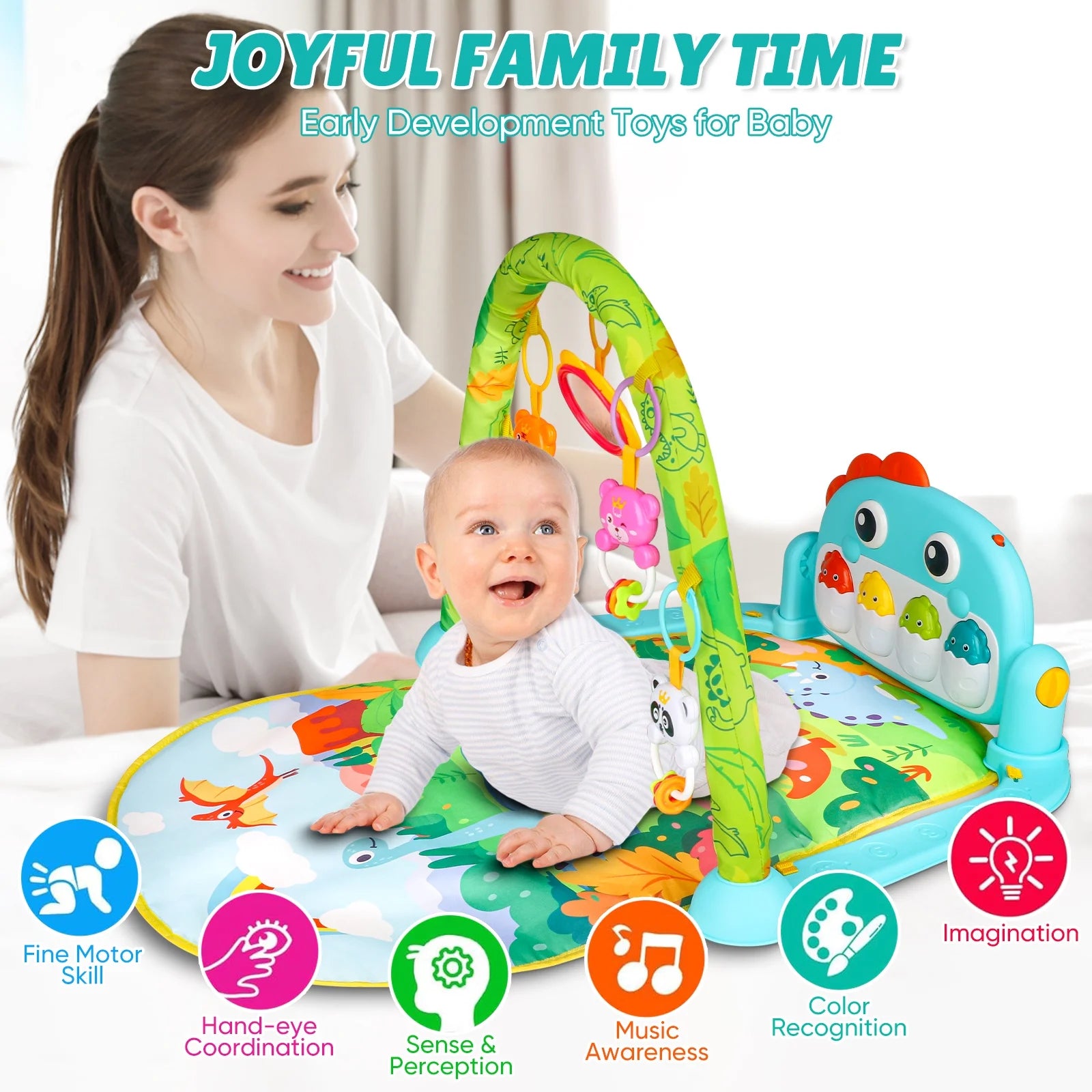 Interactive Baby Tummy Play Mat, Musical Dinosaur Foot Piano with Light, Fun and Educational Gym Mat for Infants 0 3 6 9 12 Months, Christmas Newborn Gift for Baby Boys Girls