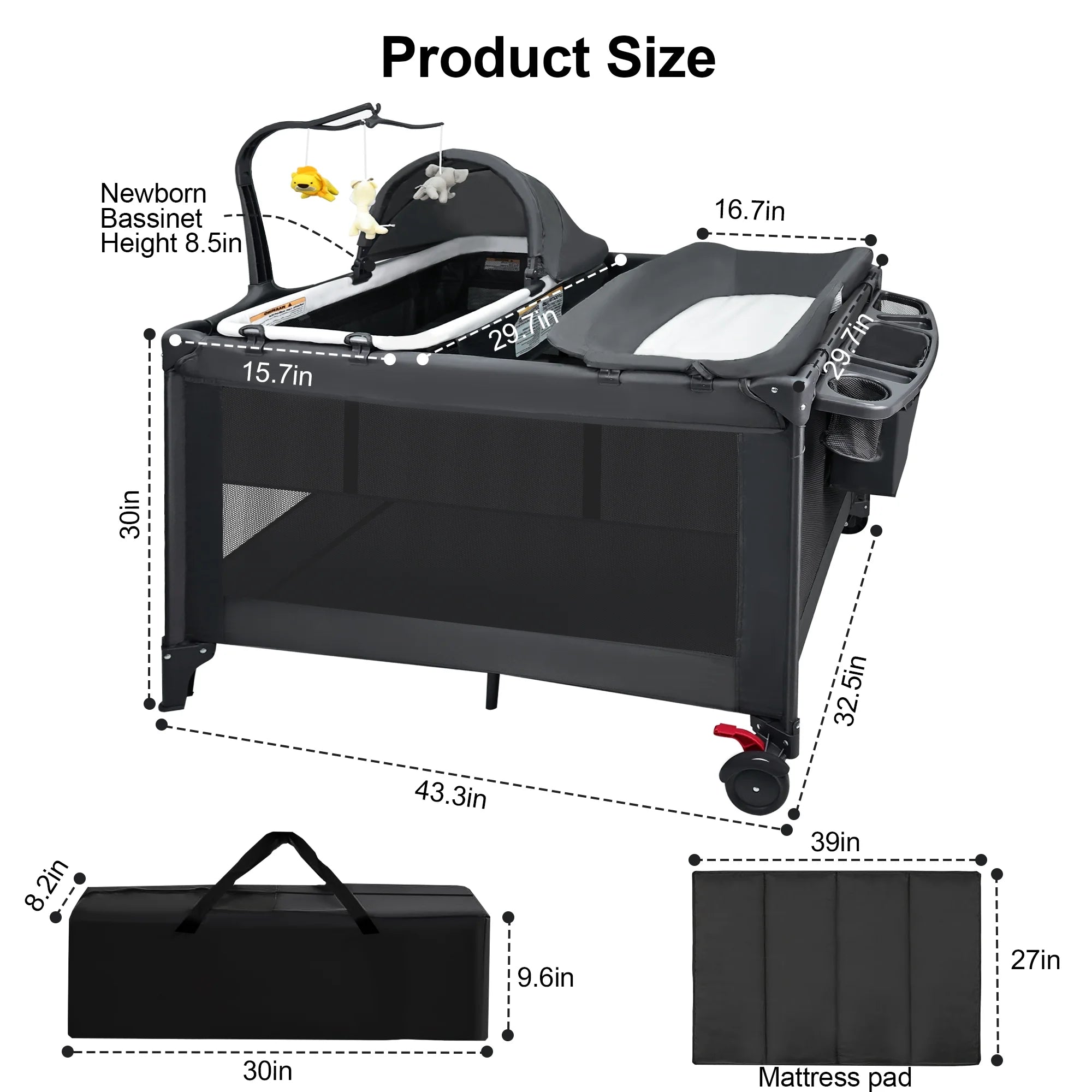 Baby Playards, Foldable Nursery Center Playpen and Toy Mobile, Portable Travel Bassinet, Locking Wheels, Gray