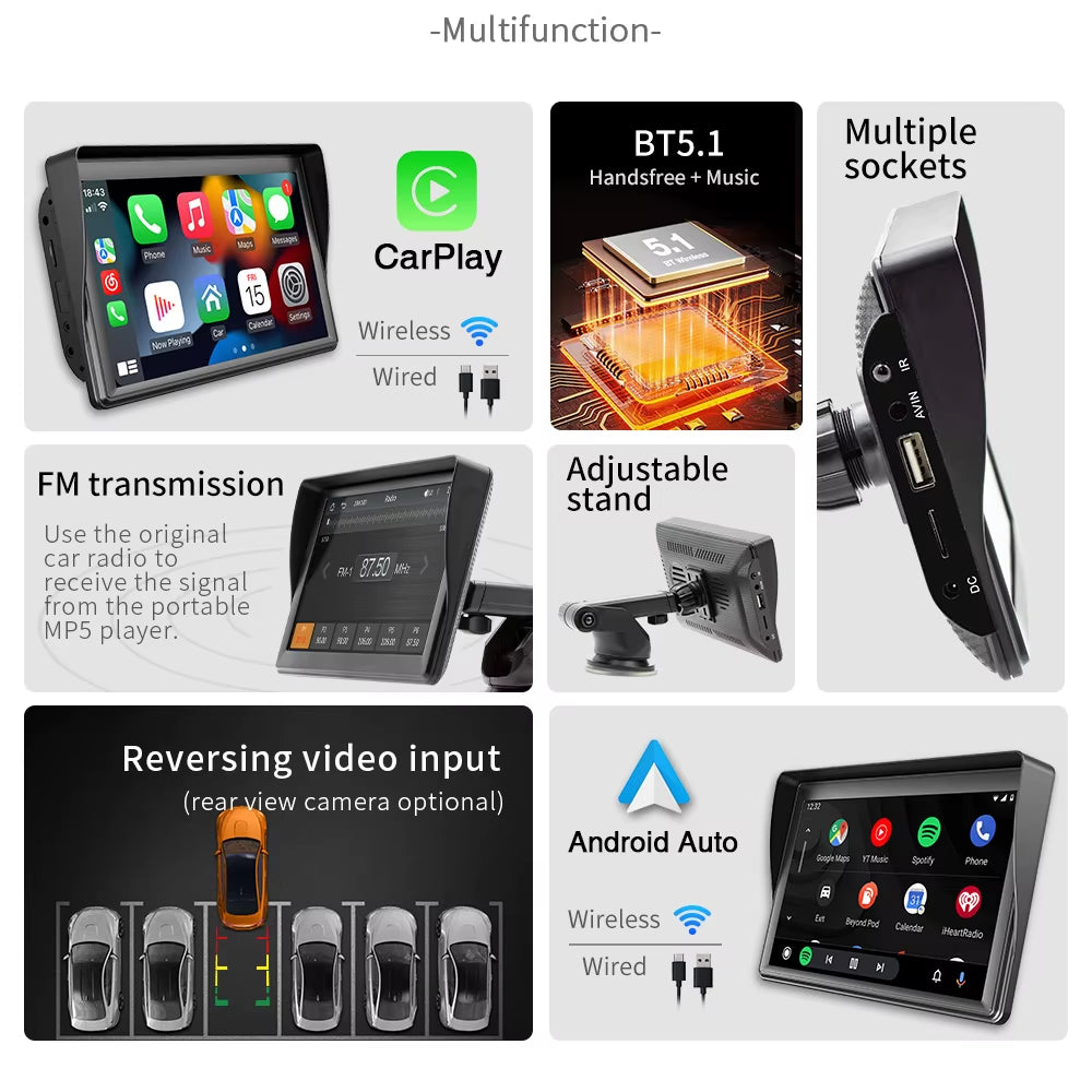 Universal 7-Inch Car Radio Video Player Wireless for Apple Carplay Android Car Touch Screen Suitable for BMW Volkswagen KIA