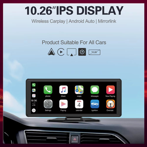 10.26" Wireless Carplay & Android Auto Universal Portable Car Radio Mirror Link Player BT Audio AUX Stereo for Apple or Android
