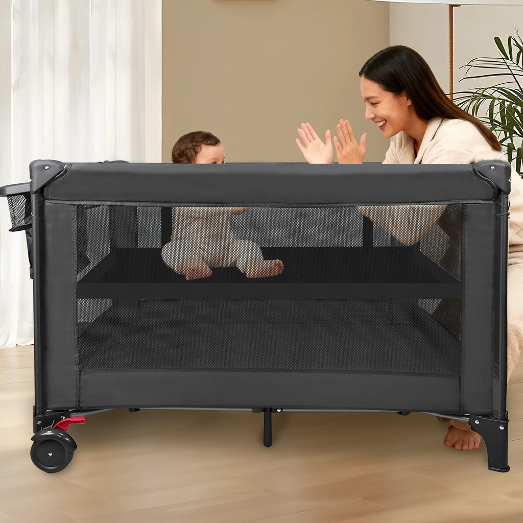Baby Playards, Foldable Nursery Center Playpen and Toy Mobile, Portable Travel Bassinet, Locking Wheels, Gray