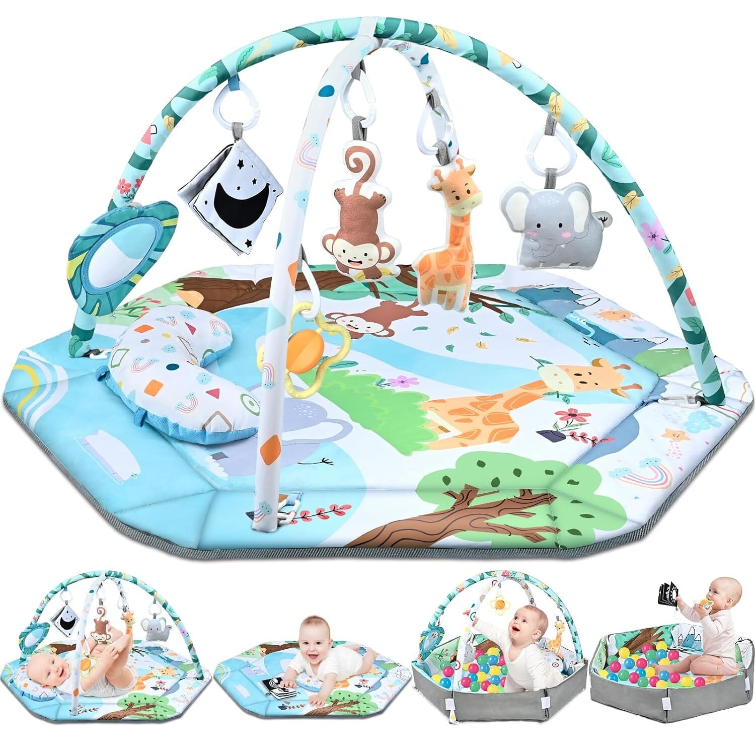 Baby Gym Play Mat, 8-In-1 Tummy Time Mat & Ball Pit with 6 Toys, Washable Baby
