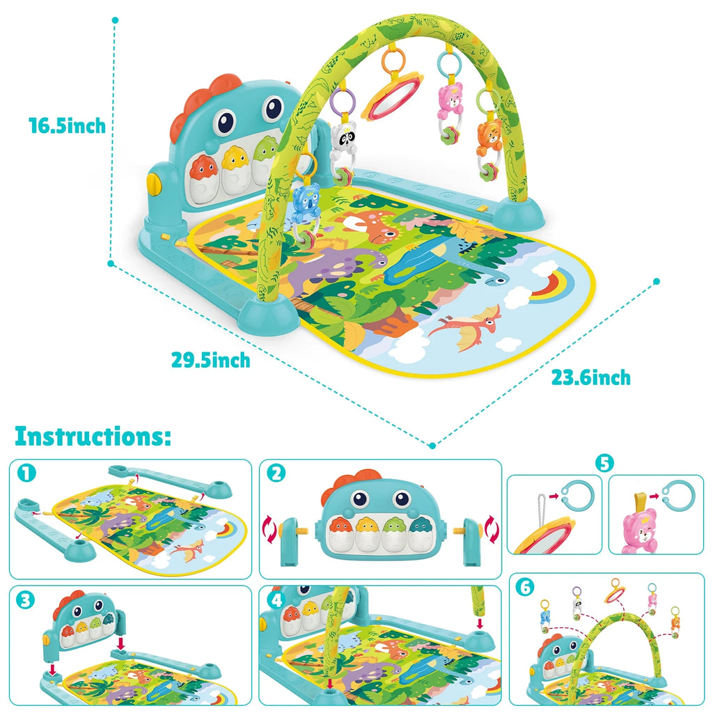 Interactive Baby Tummy Play Mat, Musical Dinosaur Foot Piano with Light, Fun and Educational Gym Mat for Infants 0 3 6 9 12 Months, Christmas Newborn Gift for Baby Boys Girls