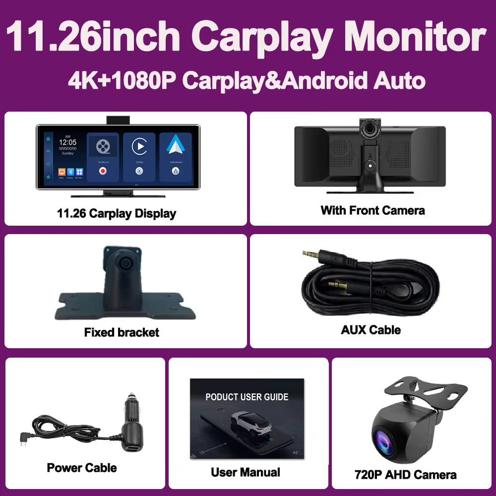 10.26" Wireless Carplay & Android Auto Universal Portable Car Radio Mirror Link Player BT Audio AUX Stereo for Apple or Android