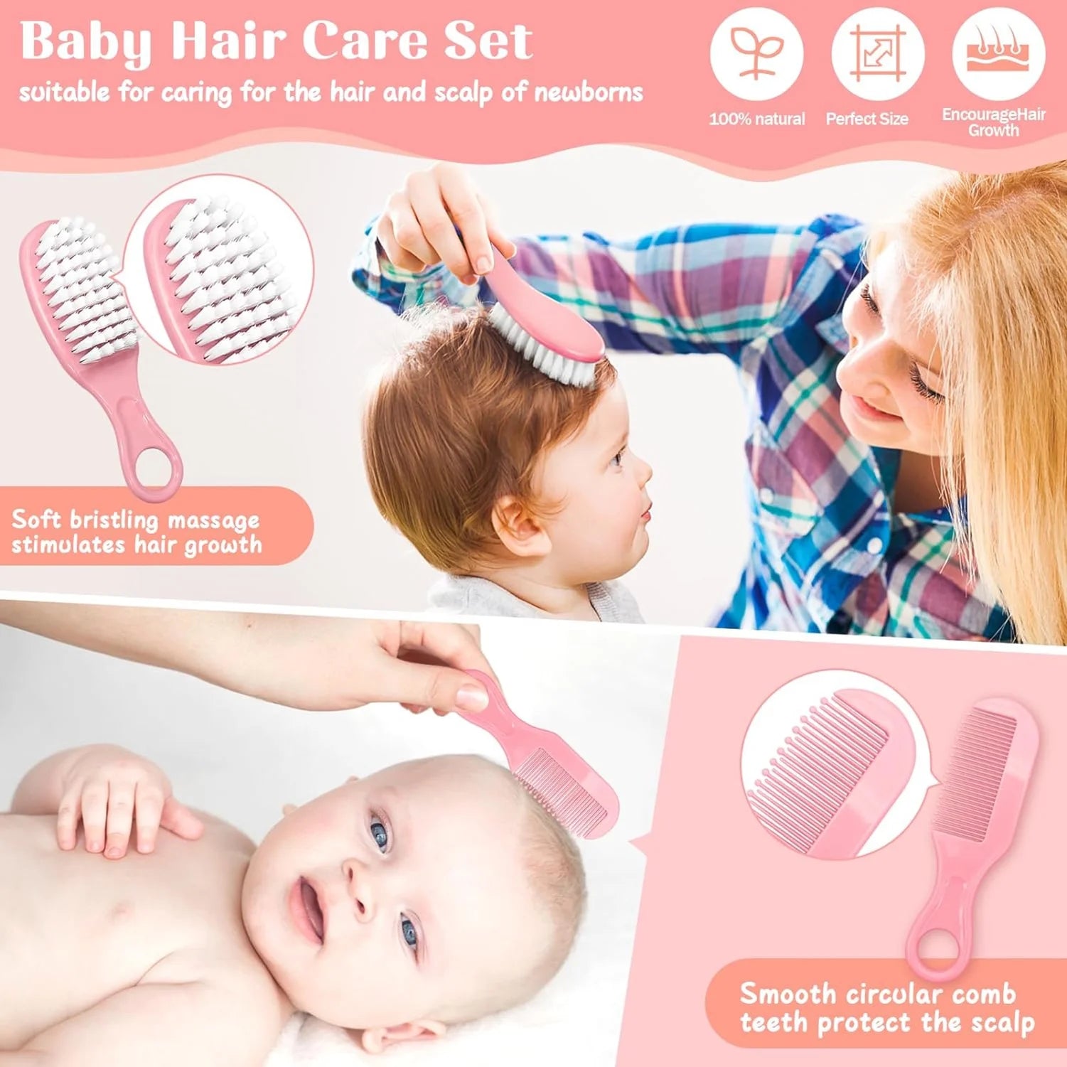 Baby Brush and Comb Grooming Kit, 21 in 1 Safety Newborn Nursery Care Set with Electric Nail Trimmer - Pink