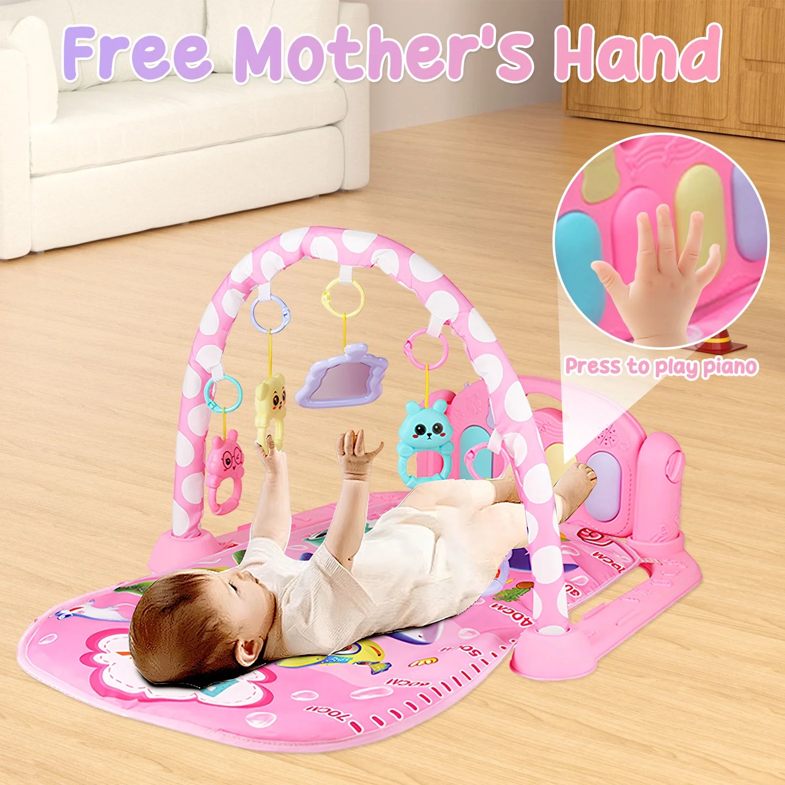 Baby Gym Play Mat 3 in 1 Fitness Music and Lights Fun Piano Activity Mat Infant Newborn Toys(Pink)